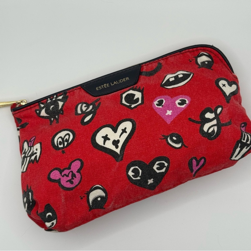 Estee‎ Lauder Red Canvas Graphic Heart Lip Eye Print Makeup Cosmetic Bag Pouch